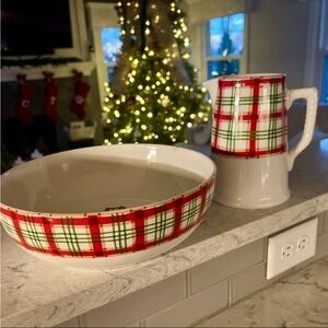 Tiffany & Co. Red and Green Plaid Holiday Bowl and Pitcher Set